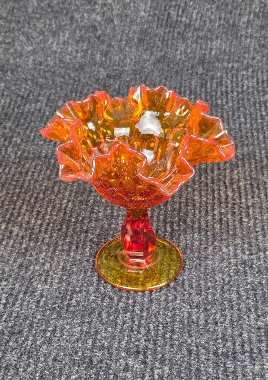 Fenton Amberina Glass Ruffled Pedestal Compote Thumbprint